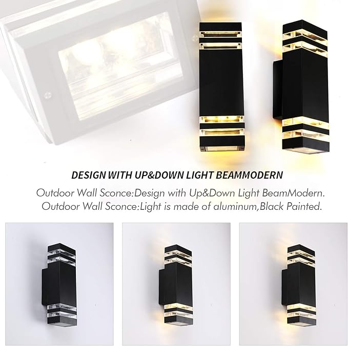 LANFU 12.8inch LED Rectangular Outdoor Light Fixture Wall Sconce Lights 12W Large Modern Exterior Light for House Patio Porch Garage Black 2700k IP65 Waterproof Outdoor Up and Down Lights 2PCS