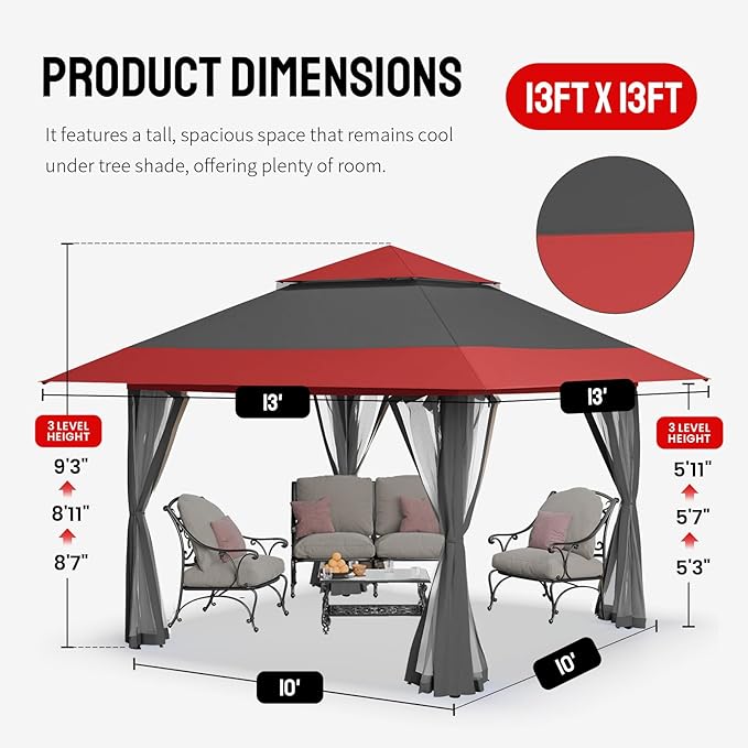 CROWN SHADES 13x13 Pop Up Gazebo Canopy Tent Gazebos on Clearance - Outdoor Gazebo for Backyard &amp Patio Furniture - Carpa Pop Up Tent with Wheeled STO-N-Go Cover Bag (Red &amp Grey)