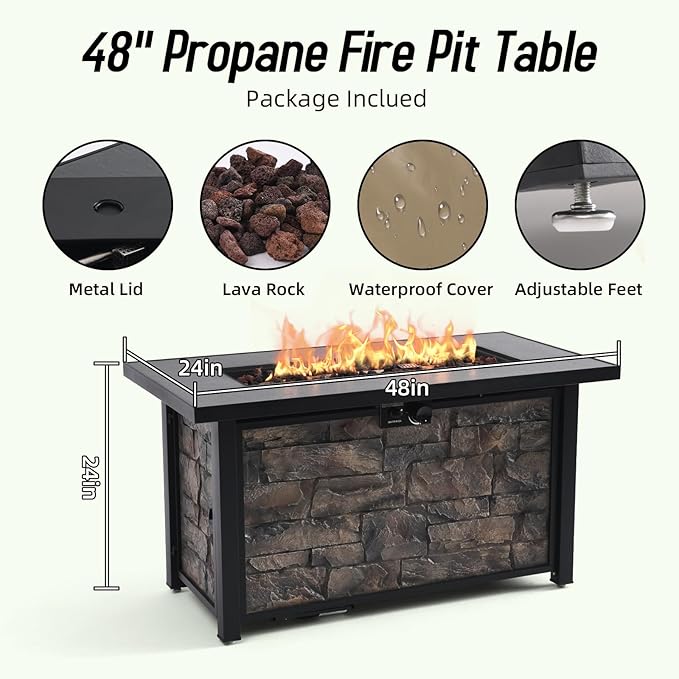48 Fire Pit Table with Ceramic Top &amp Stone-Looking Panel Propane Gas Fire Pit 50000 BTU Outdoor Fire Table for Patio Backyard Deck Balcony - Includes Metal Lid Lava Rocks &amp Rain Cover