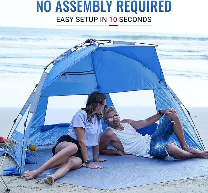 KingCamp Beach Tent Pop Up Shade 10s Easy Set Up Portable Beach Canopy Tent Sun Shelter for 3-4 Person Lightweight Instant Tent with Extendable Floor Beach Outdoor Camping Picnic