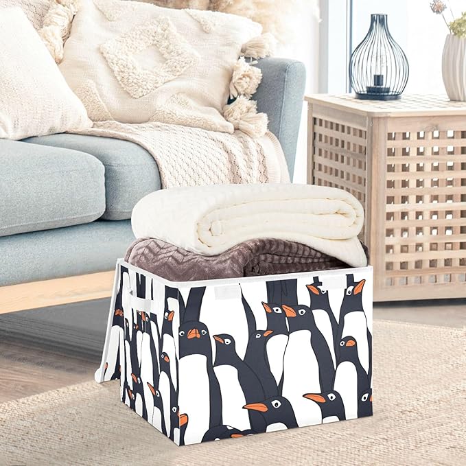 Collapsible Storage Bins with Lids Decorative Fabric Storage Cubes Closet Organizer and Storage Basket Boxes Containers for Clothes Box Chest Nursery Folding Rectangle Black White Penguin