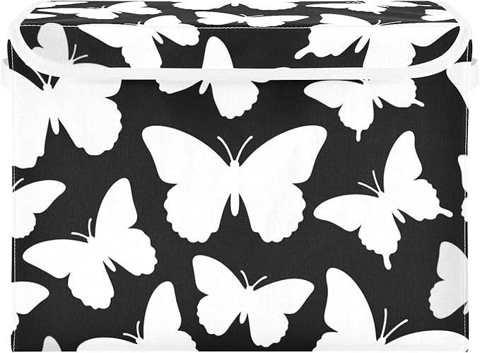 foldable 40 L cube storage bins with handles heavy duty storage containers Christmas For BedroomCloset Living Room 42x32x30cm -Fashion Black and White Butterfly