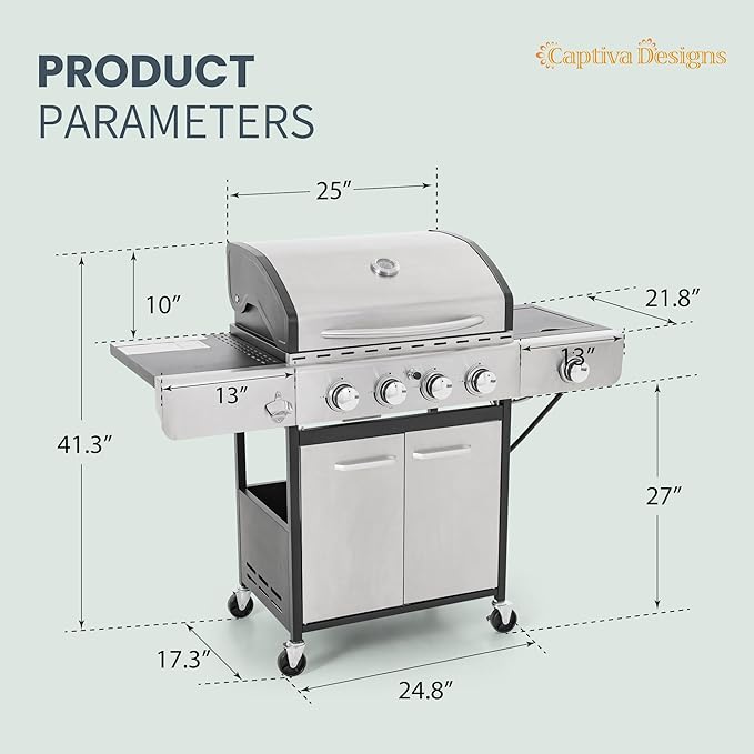 Captiva Designs 4-Burner Propane Gas BBQ Grill with Side Burner &amp Porcelain-Enameled Cast Iron Grates 42000 BTU Output Stainless Steel Grill for Outdoor Cooking Kitchen and Patio Backyard Barbec