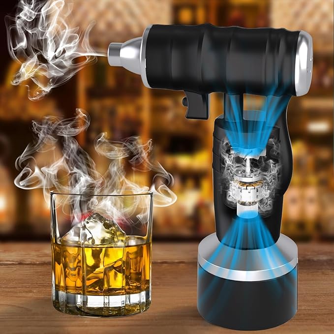 Electric Cocktail Smoker Kit - Rechargeable Whiskey Smoker Kit with Smoking Gun Old-Fashioned Bourbon Smoker Cold Smoker Food Smoke Gun Smoked Drink infuser 6 Wood ChipsButane Not requiredBlack