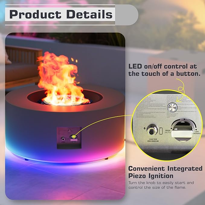 2-Piece 30 LED Round Propane Fire Pit for Outside Patio with Hidden Tank Table 50000 BTU Fireplaces with Lid Glass Rocks Cover(Dark Grey w/RGB Light)