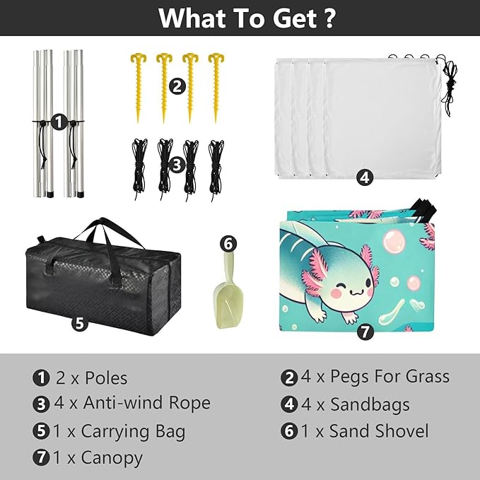 Cute Axolotl Pattern Beach Tent Sun Shelter Set UPF50+ UV Protection 10.5 x 9.19 FT Camping Shade Canopy with Sandbags Sand Anchors Carrying Bag and Others