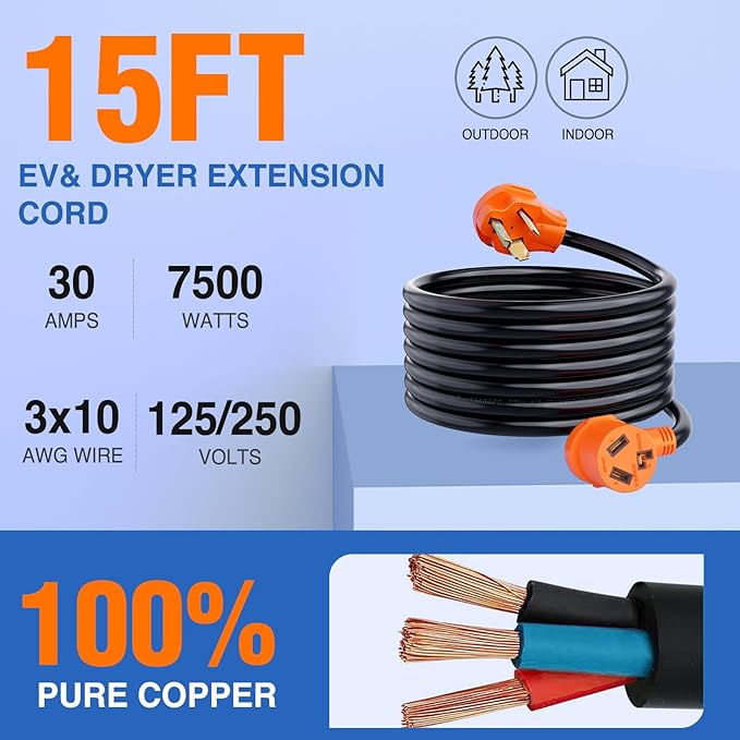 Nilight 15FT EV Dryer Extension Cord 3 Prong 30 Amp NEMA 10-30P 10-30R Old Extensions Cable Heavy Duty 10 Gauge Pure Copper Wire UL Listed 125/250V for Level 2 Using