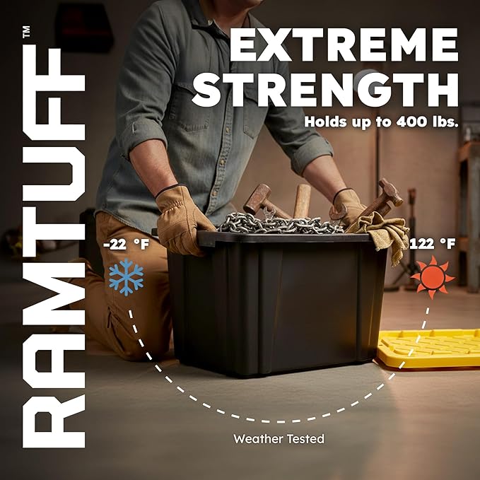 Ramtuff 6 Pack Heavy Duty Stackable Storage Container Snap-Tight Lid 27 Gallon and ORGANIZE-IT! 4 Pack 6 Slot Tote Dividers for Storage Containers