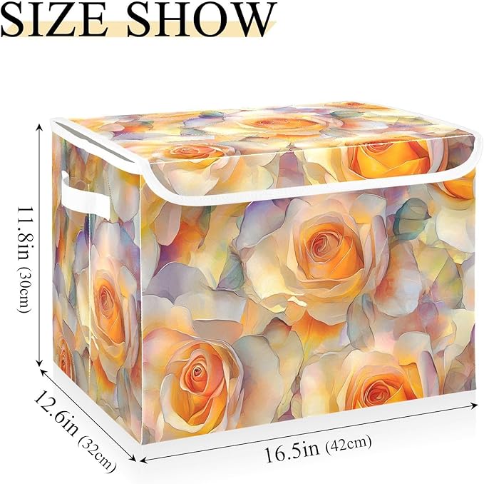 Aesthetic Floral Orange Storage Cube Bins Basket with Lid Collapsible Flip-top Fabric with Handle for Home Bedroom Closet Office 16.5×12.6×11.8 in
