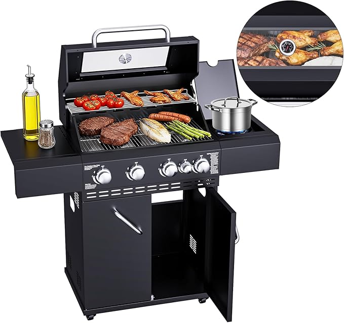 4 Burners Propane Gas Grill with Visual Glass 50000 BTU Propane Grill with Side Burner Double-Layer Lid Stainless Steel GrateOutdoor Cook BBQ Grill for Patio Camping Backyard