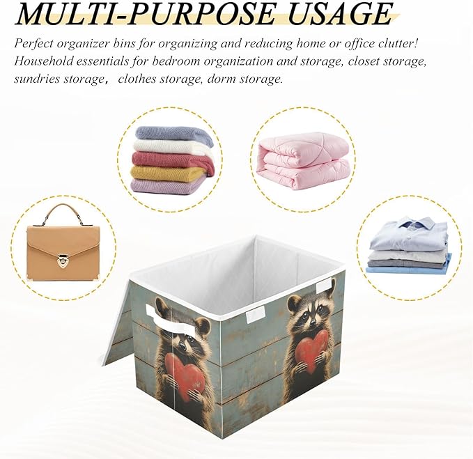 Storage Cube with Lid Wood Raccoon Print 16.5×12.6×11.8 IN Collapsible Large Capacity Foldable Storage Basket Bin Organizer