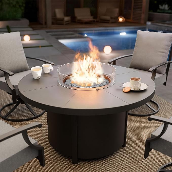 48 Round Propane Fire PitSteel Tabletop Fire Pit w Lava Rocks55000 BTU Auto-Ignition CSA Certified Gas Fire Pits with Lid &amp Windproof Glass for OutdoorPatioBackyard