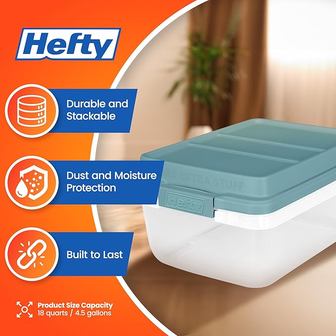 Hefty 18 Quart Hi-Rise Storage Bin with Lid Stackable Plastic Container for Home Office and Classroom Organization 8 Pack Smoke Blue