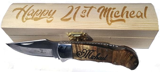 Engraved Pocket Knife With Personalized Wood Box | Anniversary for him | Unique 7 year Gifts For him