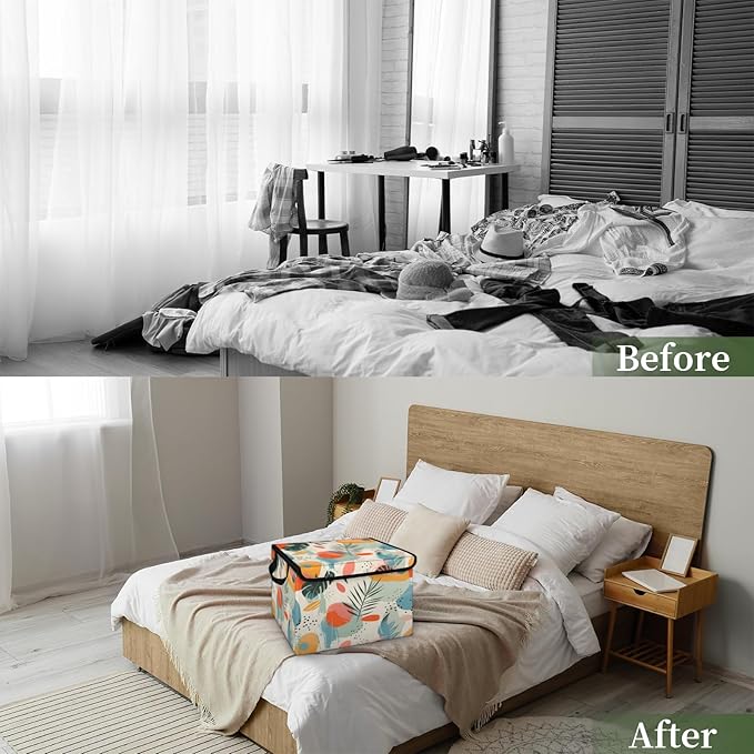 Boho Leaf Storage Bins with Lids Mid Century Foldable Storage Boxes with Carrying Handle Organizer Containers Baskets Cube for Home Bedroom Closet
