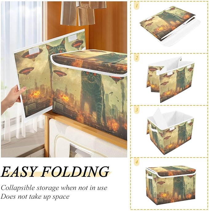AIXIWAWA Lidded Storage Cube (Cat Monster) Fabric Foldable Closet Bins with Flip Lid and Handles Organizer Basket Container 16.5 x 12.6 x 11.8 IN