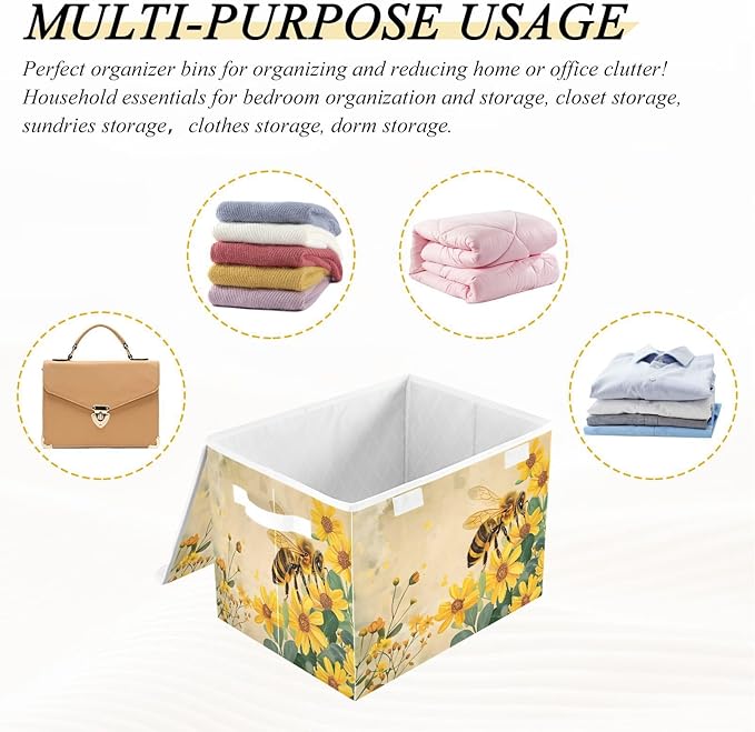 MNSRUU Containers Baskets with Lids Honey Bee Foldable Storage Bins Organizer with Lid Collapsible Storage Boxes for Home Bedroom Closet Office