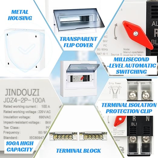 100A Automatic Transfer Switch110V Millisecond Level Dual Power Automatic Transfer Switch Generator Transfer Switch with Metal Distribution Box