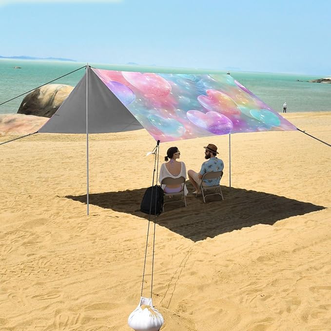 ALAZA Rainbow Heart Bubbles Unicorn Beach Tent Sun Shelter UPF50+ Protection Beach Shade Canopy w/ 4 Sandbags for Outdoor Camping Fishing Backyard Fun Picnic 10x9 ft