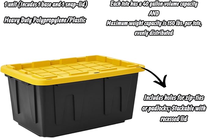Heavy-Duty Storage Tote with Lid Black and Yellow 40 Gallon 22.0 D x 38.2 W x 16.4 H (4 PACK)