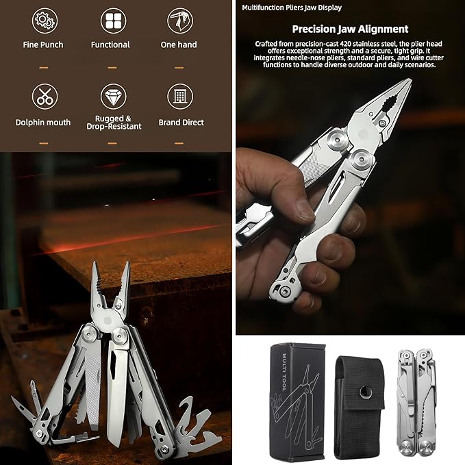 Multi Tool 19-in-1 Full-Size Lightweight EDC Multi-Purpose Pliers Household Screwdriver Camping Outdoor Gear Nylon Bag Tools Gifts for Guys Gifts for Hunters Men who have Everything (Silver)