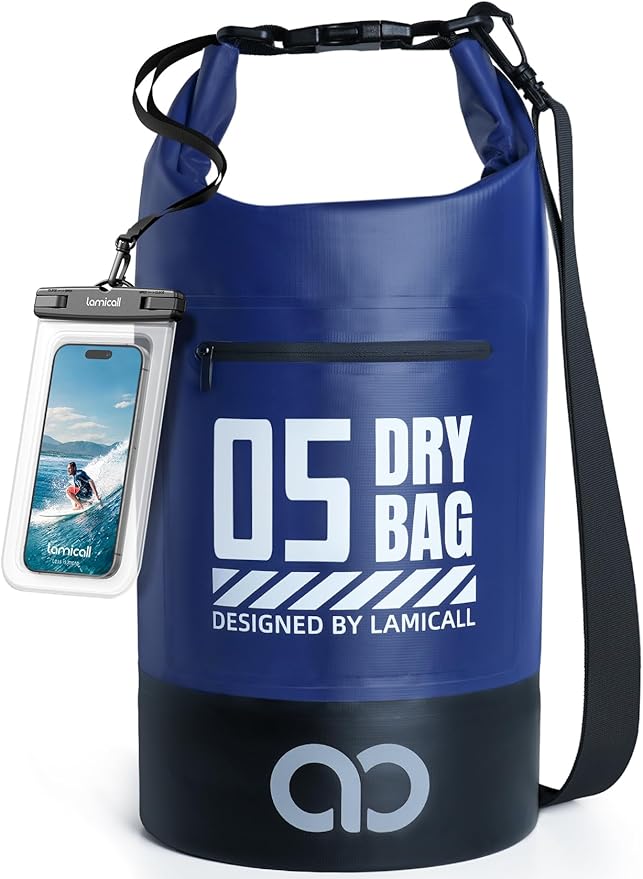 Lamicall 5L &amp 10L Dry Bag Waterproof Backpack - [Zippered Pocket] Roll Top Waterproof Bag Navy Blue &amp Lemon Yellow