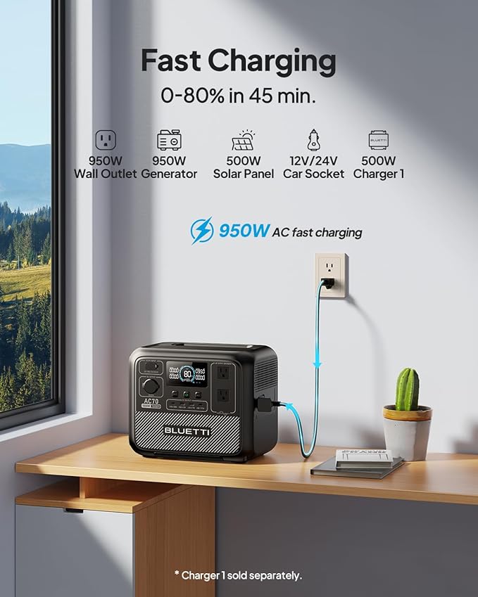 BLUETTI AC70 Solar Generator with 200W Solar Panel (Ships Separately) 768Wh Portable Power Station with 2 1000W (Power Lifting 2000W) AC Outlets 0-80% in 45 Min LFP Backup Power for Camping Travel