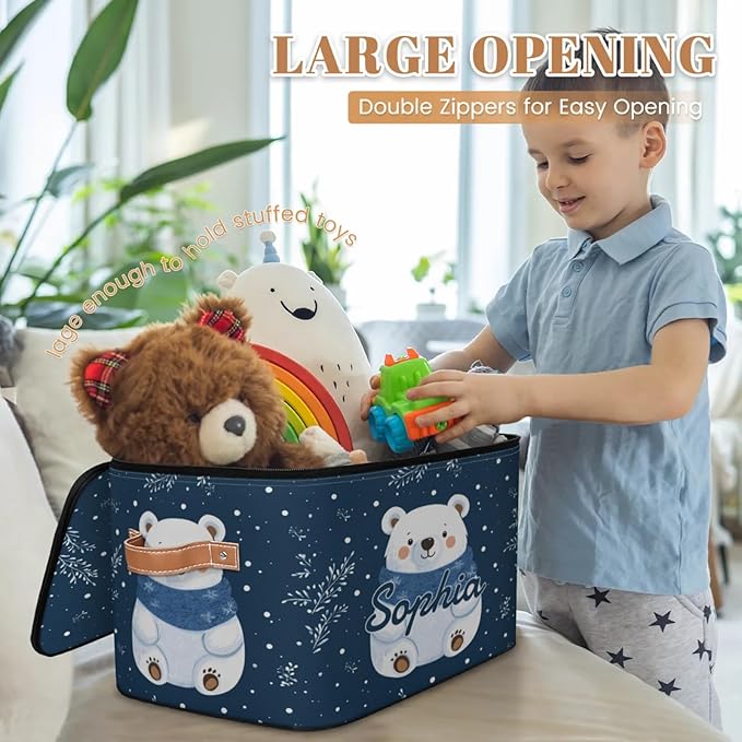 Custom Storage Basket with Name Personalized Storage Bins with Zipper Lid Foldable Fabric Storage Box Large capacity with Handle Snowflake White Bear