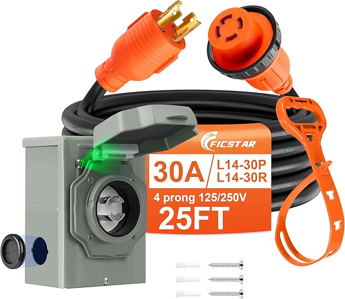 25 FT 4 Prong 30 Amp Generator Cord and Power Inlet Box NEMA L14-30P to L14-30R Generator Cord Waterproof Combo Kit 125/250V 7500W 10 AWG SJTW Generator to House Hookup Kit