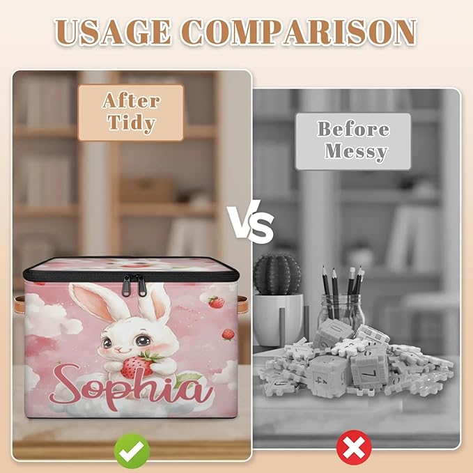 Custom Storage Basket with Name Personalized Storage Bins with Zipper Lid Foldable Fabric Storage Box Large capacity with Handle Clouds Rabbit Strawberry
