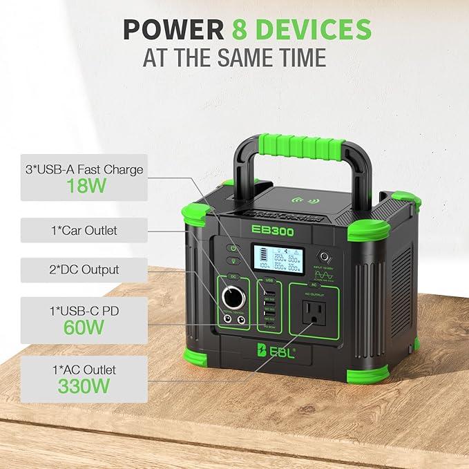 EBL Portable Power Station 330W 288.6Wh Solar Generator 60W USB-C PD 5W Wireless Charger SOS Emergency Light Multi-Port Power Supply for Outdoor Camping Home Blackout RV Travel