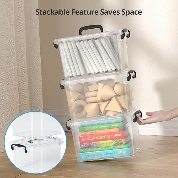 Plastic Storage Containers with Lids - 6 Pack 6 Quart Clear Storage Bins with Lids Stackable Storage Containers for Organizing Small Plastic Storage Box with Lid Black Handle and Latches