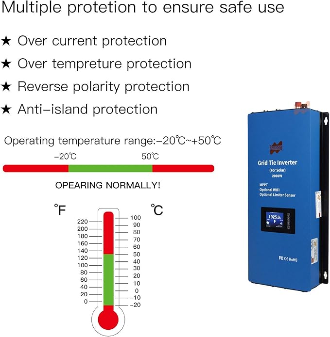 Marsrock Solar 2000W Grid Tie Inverter with Power Limiter LCD Dispay Converts Solar 45-90V DC Input to 240V AC Output Perfectly Suitable for US Standard 2 Phase Grid