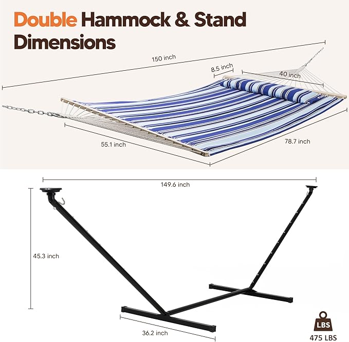 SUNCREAT Double Backyard Hammock with Solar Powered Lights for Outside 475 lbs Capacity Heavy Duty Self Standing Hammock with 12 ft Stand Blue