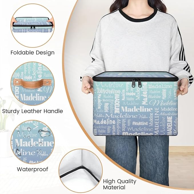 Custom Storage Basket with Name Personalized Keepsake Box with Zipper Lid Foldable Fabric Memory Bin Large capacity with Handle Green Blue Gradient