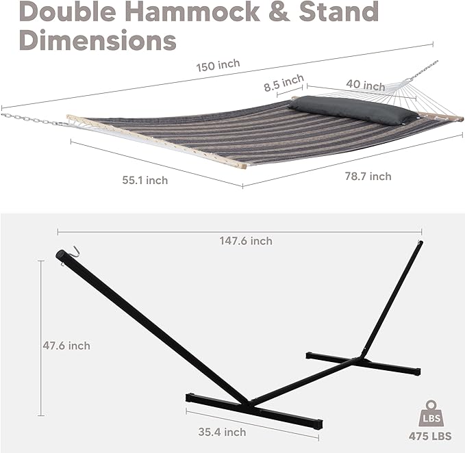 SUNCREAT Hammock with Stand 2 Person Heavy Duty Freestanding Hammock with Spreader Bar Soft Pillow Gray Stripes