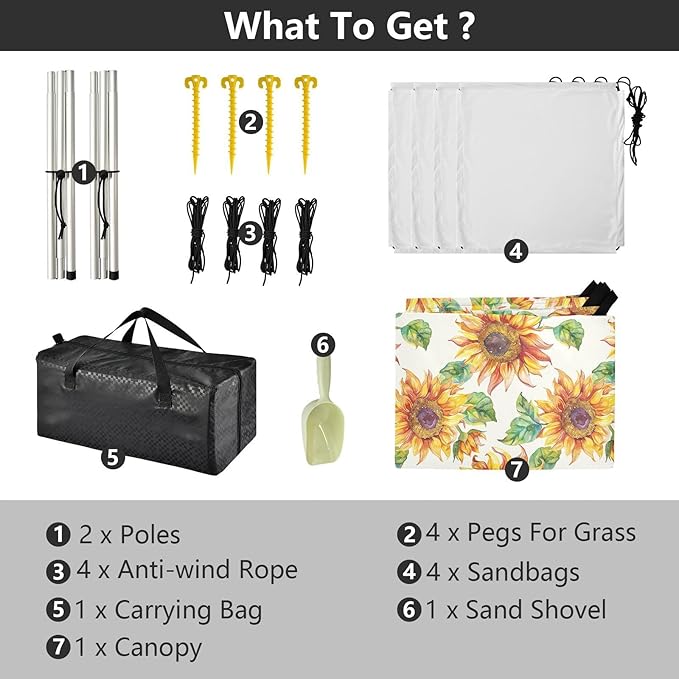 ALAZA Yellow Sunflower Watercolor Beach Tent Sun Shelter UPF50+ Protection Beach Shade Canopy w/ 4 Sandbags for Outdoor Camping Fishing Backyard Fun Picnic 10x9 ft