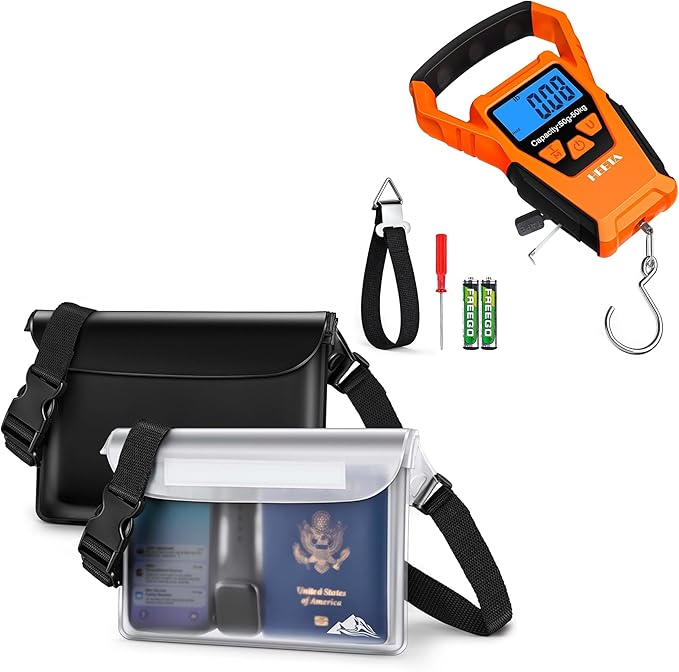 HEETA Waterproof Pouch Bag Screen Touch Sensitive (Black &amp White) Bundled with Waterproof Fish Scale Digital with Backlit LCD Display 2 AAA Batteries Included (Orange)