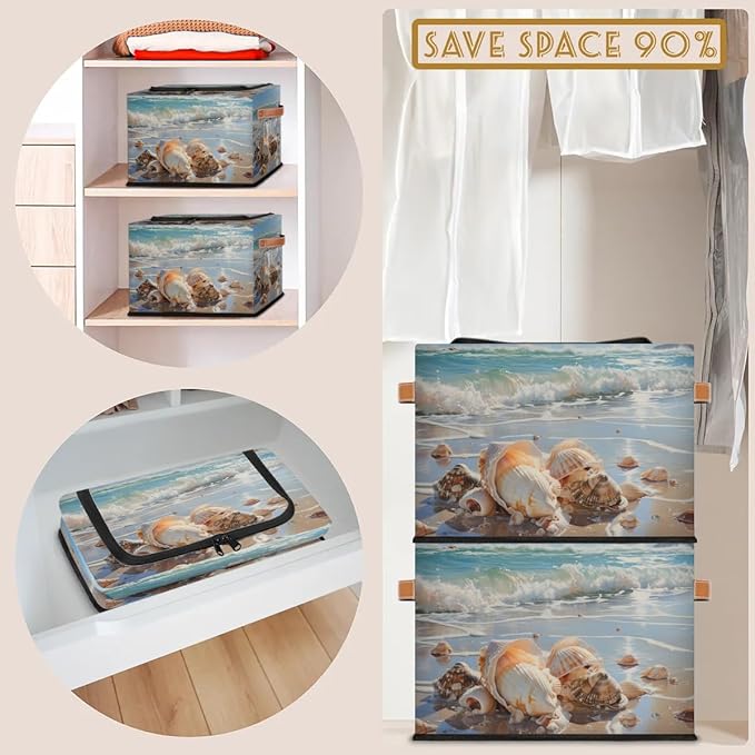 Shell Beach Storage Bins with Zipper Lid 2pcs Stackable Storage Baskets Boxes with Metal Frame Closet Storage Cube Bin Organizer with PU Handles Clothes Storage Bag