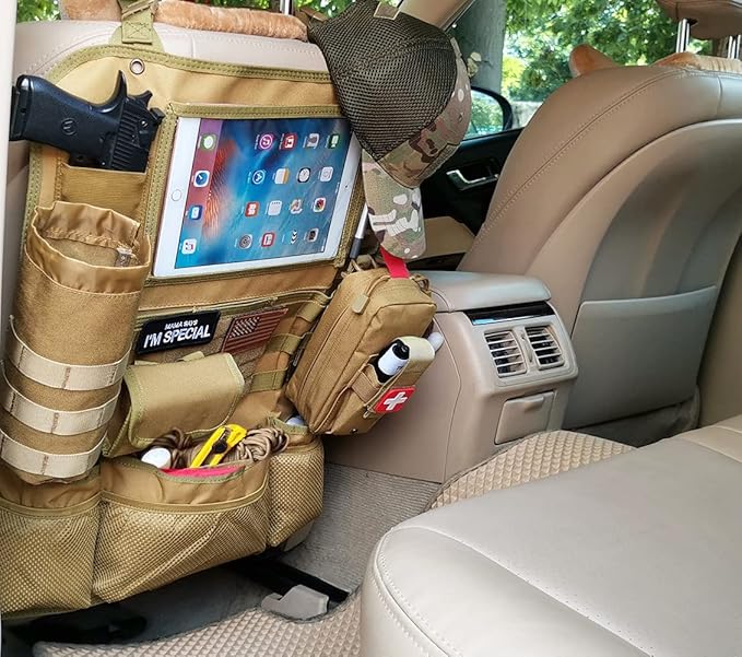 Upgrade Tactical Seat Back Organizer Molle Car Seat Organizer with 4 Detachable Pouches: Trauma Medical Pouch Water Bottle Pouch Vehicle Protector Organizers (Modern B TAN)