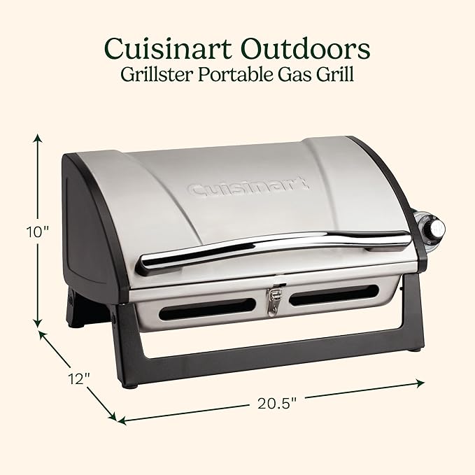 Cuisinart Grillster Portable Gas Grill Stainless Steel Compact BBQ Grill with Locking Lid for Easy Transport 8000 BTU Propane Grill with Dishwasher Safe Cooking Grate Small Grill for Camping &amp