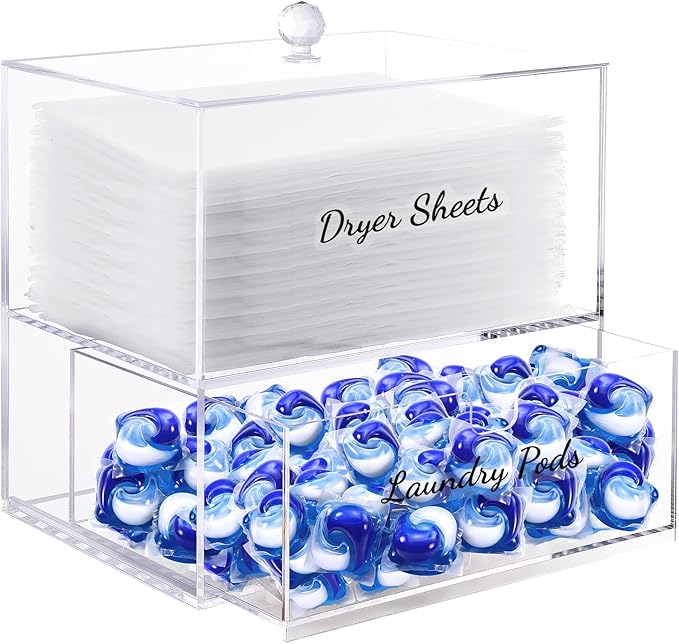 JYPS 1+1 Acrylic Dryer Sheet Holder with Drawer and Bamboo Lid Clear Acrylic Large-Capacity Laundry Pods Container Scent Boosters &amp Powder Laundry Room Organization decor Storage Jars Set