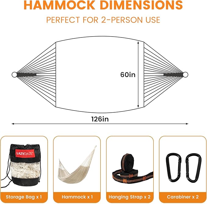 Lazy Daze Hammocks Handwoven Mayan Hammock 10.5 FT Soft Rope Double Hammocks Portable Outdoor Hammock with Carry Bag 2 Straps &amp Carabiners for Patio Outside 550 lbs Weight Capacity Natural