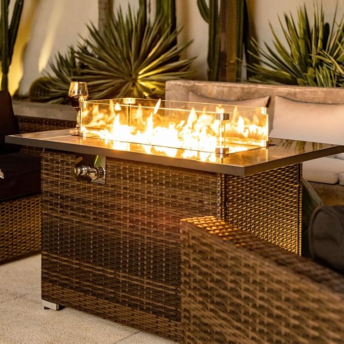 44in Outdoor Propane Gas Fire Pit Table 50000 BTU Auto-Ignition Gas Firepit with Glass Wind Guard Marble Tile Tabletop Mixed Color Glass Rocks Brown PE Rattan