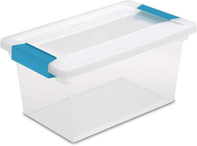 Sterilite Medium Clip Box Stackable Small Storage Bin with Latching Lid Plastic Container to Organize Office Crafts Clear Base and Lid 4-Pack