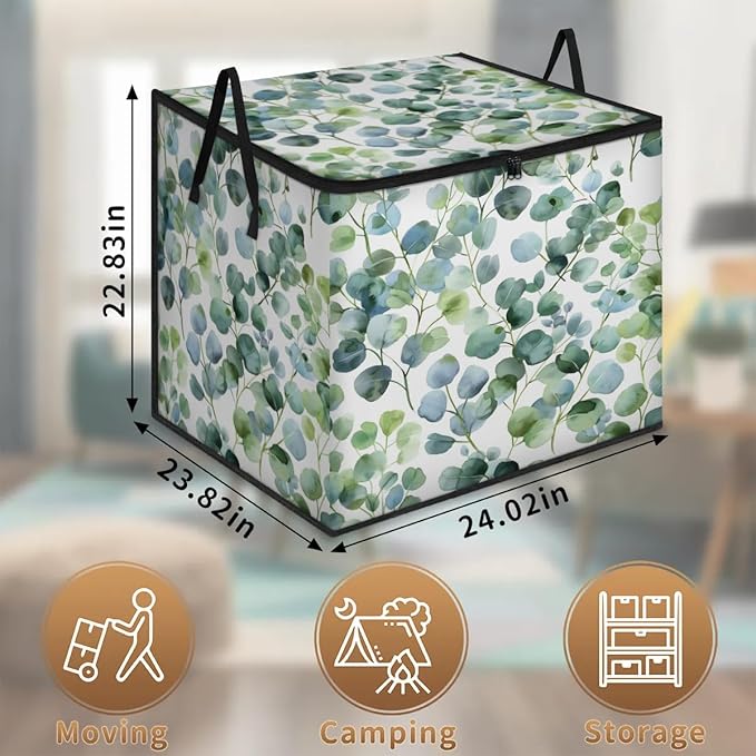 XL Large Clothes Storage with Lid Handle Green Eucalyptus Large Thick Clothes Blanket Storage Containers for Organizing Bedroom Closet Comforter Organization Storage Natural Plant Leave