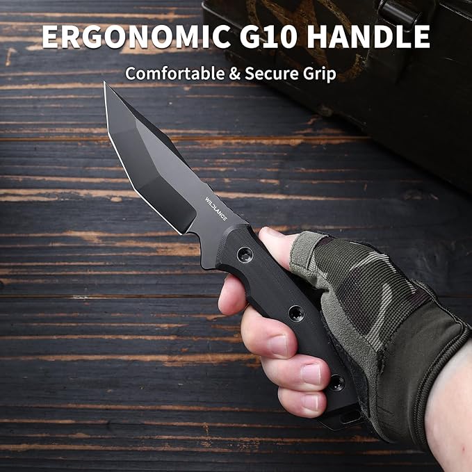 Camping Knife Full Tang 9.8 Hunting Knife with Kydex Sheath 4.1 Fixed Blade DC53 Steel Camping Knives for Hiking Survival Outdoor FBK-001