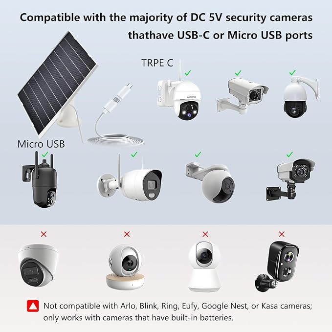 9W Solar Panel for Security Cameras IP65 Waterproof with 360° Bracket &amp 9.8FT Cable 5V Solar Power for Rechargeable Battery Cameras (USB-C/Micro USB)