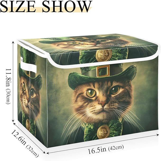Storage Cube with Lid Saint Patrick’s Day Cat Print 16.5×12.6×11.8 IN Collapsible Large Capacity Foldable Storage Basket Bin Organizer