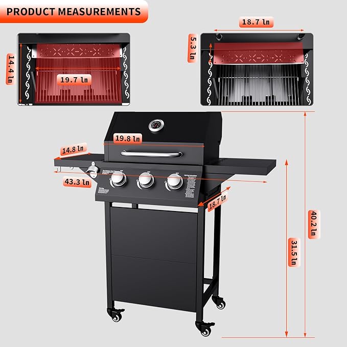 3-Burner Propane Gas Grill 30000 BTU Outdoor BBQ Gas Grill with 2 Side Tables Stainless Steel Grating Grill Built-in Thermometer&ampWheels Easy Assembly for Patio Backyard BBQ